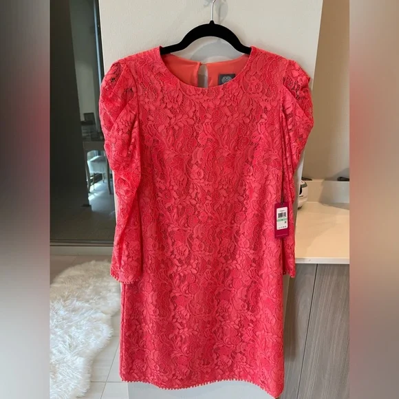Vince Camuto Women's Ruched Sleeve Coral Lace a Line Dress Orange Size 8